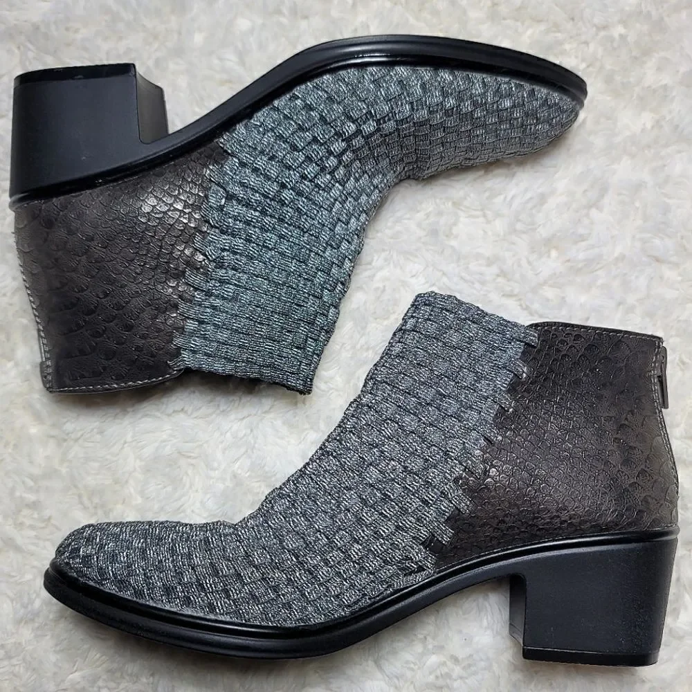 Steven by Steve Madden Penga Woven Embossed Stretch Silver & Brown Ankle Bootie